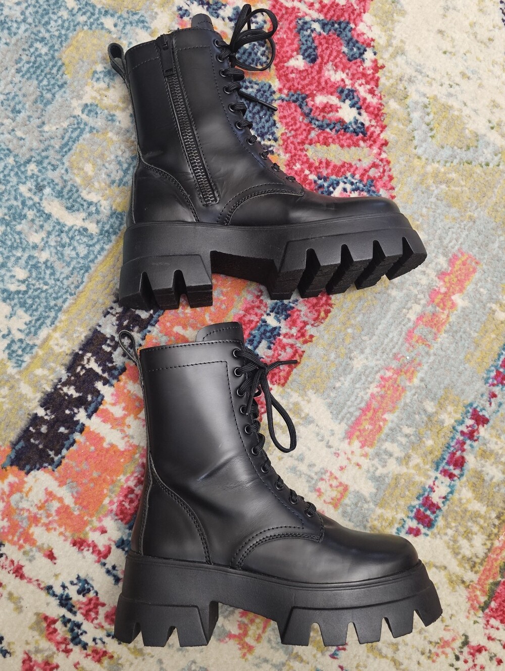Thursday Boot Company Black Combat Womens 7.5 Patent Leather Mid Calf Casual